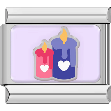 Silver charm with two candles, one pink and one purple, each with a white heart and melting wax.